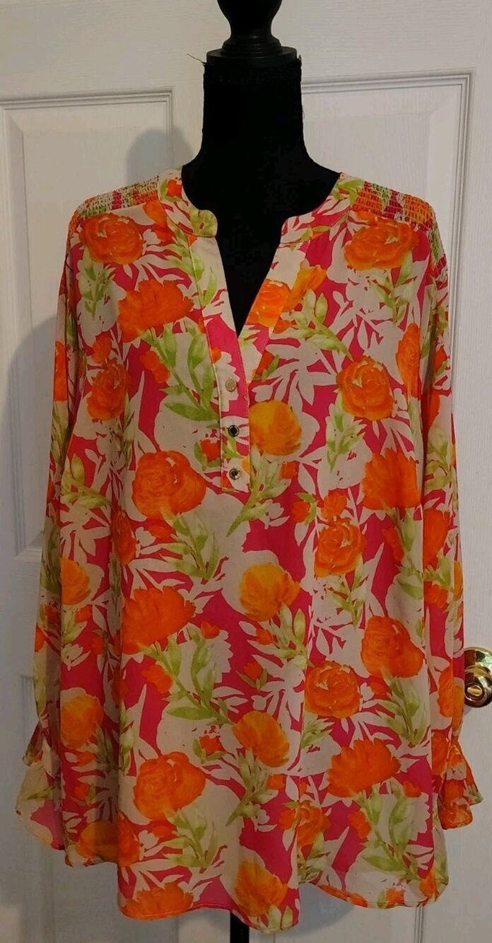 Calvin Klein Women's 2X Floral Tunic Top Pink Orange Watercolor Lined Smocked...